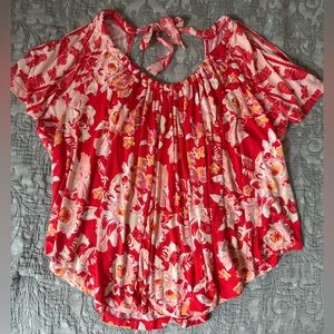 Free people orange tropical floral flowy Top sz small new open tie back